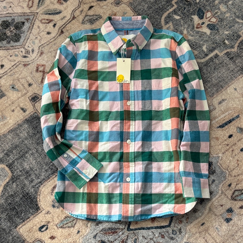NWT. Mini Boden Multicolor Plaid button down, brushed cotton, size 8/9